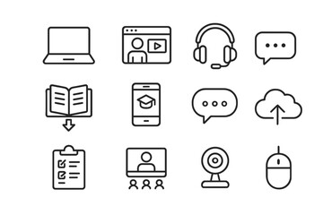 Online learning icons: laptop, headset, book, cloud, camera, mouse