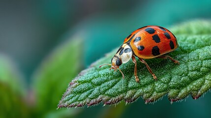 Fototapeta premium A macro shot of a crimson and ebony insect perched on a verdant foliage, dotted with raindrops