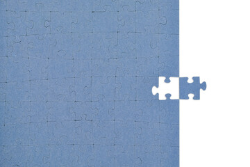 Blue jigsaw puzzle with a single missing piece on a transparent background. Concept of solution, problem solving, teamwork, and finding the right fit. PNG.