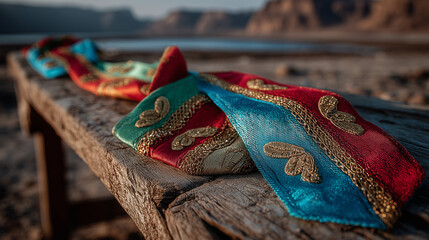 Traditional Djibouti sash with red, green, and blue embroidery on wood, celebrating independence and cultural pride.