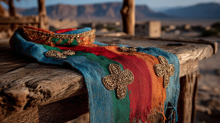 Traditional Djibouti sash with red, green, and blue embroidery on wood, celebrating independence and cultural pride.
