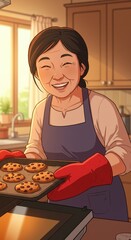 A smiling woman in an apron takes a tray of cookies out of the oven in her kitchen