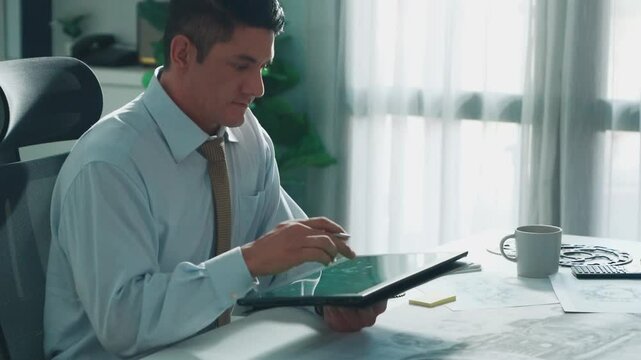Professional engineer looking at phone while working on tablet with green screen at meeting table with turbine engine or jet engine sketch design and various metal gear scatter around. Alimentation.