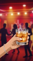 A hand holds a glass filled with a drink while friends socialize and dance in a festive bar