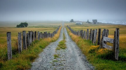 Fototapeta premium A dirt road runs through a field, with a fence in the foreground and a farm in the distance