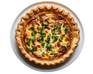 Savory baked quiche with bacon, tomato and parsley garnish