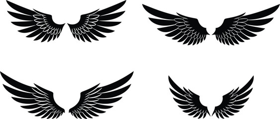 Naklejka premium Dynamic Black Feather Wing Assortment: Four Unique Pairs of Angelic & Bird Silhouettes for Design AI Generative 