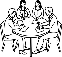A diverse group of business professionals collaborating in a meeting around a circular table discussing documents