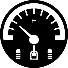 A minimalist black and white vector graphic depicting a fuel gauge indicating a nearly full tank of gasoline.