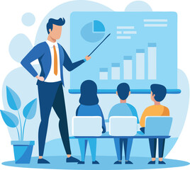 Business presentation illustration showcasing a confident presenter with a pointer and charts with a focused audience