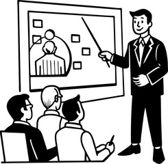 Business presentation vector depicting a businessman presenting to a group of colleagues with a pointer for analysis