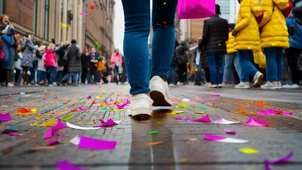 Colorful street parade celebration with vibrant confetti and walking crowd