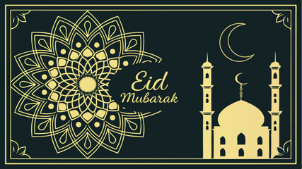 Elegant eid mubarak greeting card design featuring mosque crescent moon and intricate golden mandala element.