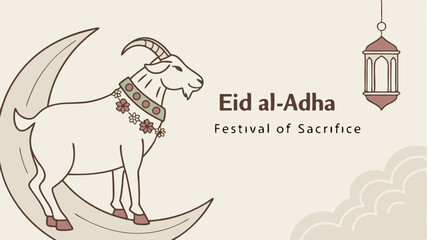 Festive illustration celebrating eid al-adha featuring a decorated goat on a crescent moon symbol representing sacrifice and islamic festivities