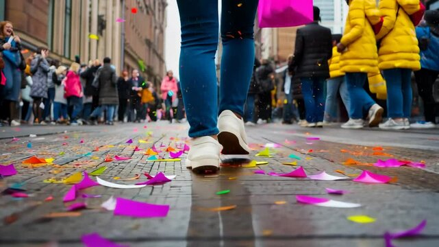Colorful street parade celebration with vibrant confetti and walking crowd