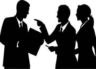 Silhouette illustration of business professionals engaging in a discussion meeting and presentation with documents and papers
