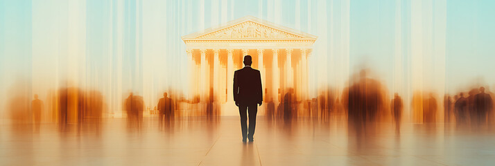 A figure in a suit walks towards a grand building with columns, surrounded by blurred figures, evoking a sense of purpose and the weight of responsibility.