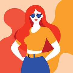 Stylish Woman with Red Hair and Sunglasses Posing Confidently in Front of Abstract Background Illustration