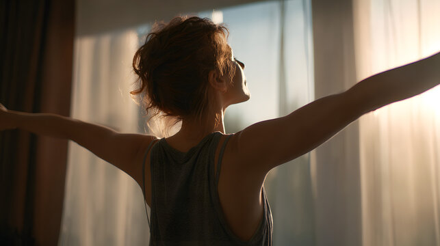 A woman embraces the peaceful start of a new day, stretching her arms towards the warm morning sunlight streaming through the window, symbolizing renewal and well-being