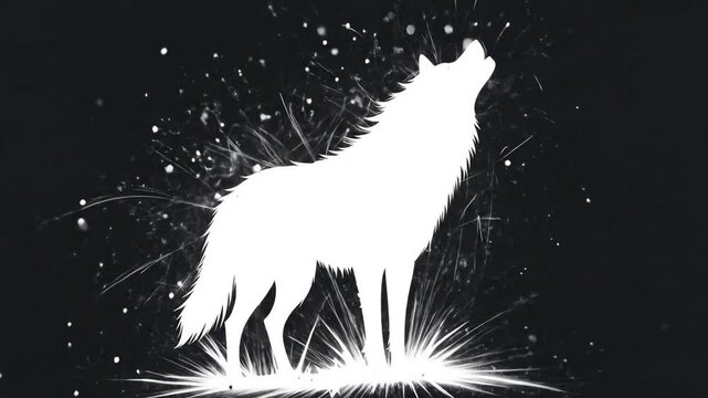 White Wolf Silhouette in Particle Explosion Against Black Background. 4k video 