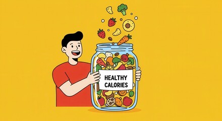 A person smiles, holding a jar brimming with colorful, healthy fruits and veggies
