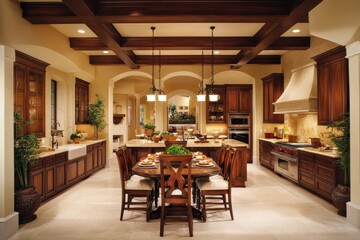 Stunning Kitchen and Dining Space in an Elegant Home Featuring Pendant Lights and Rich Wood Accents