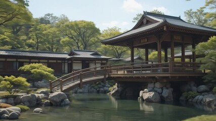 Traditional Japanese architecture with wooden gazebo bridge over water in a garden with trees and stones. 4k video 