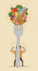 A person lifts a large fork filled with vibrant fruits and vegetables, promoting healthy eating