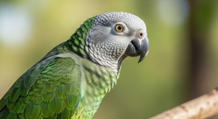 Obraz premium Close-up of a parrot with green feathers, a grey head, and a black beak against a blurred background.