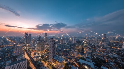 The concept of a smart digital city is represented by an abstract graphic illustrating a connection network, symbolizing globalization