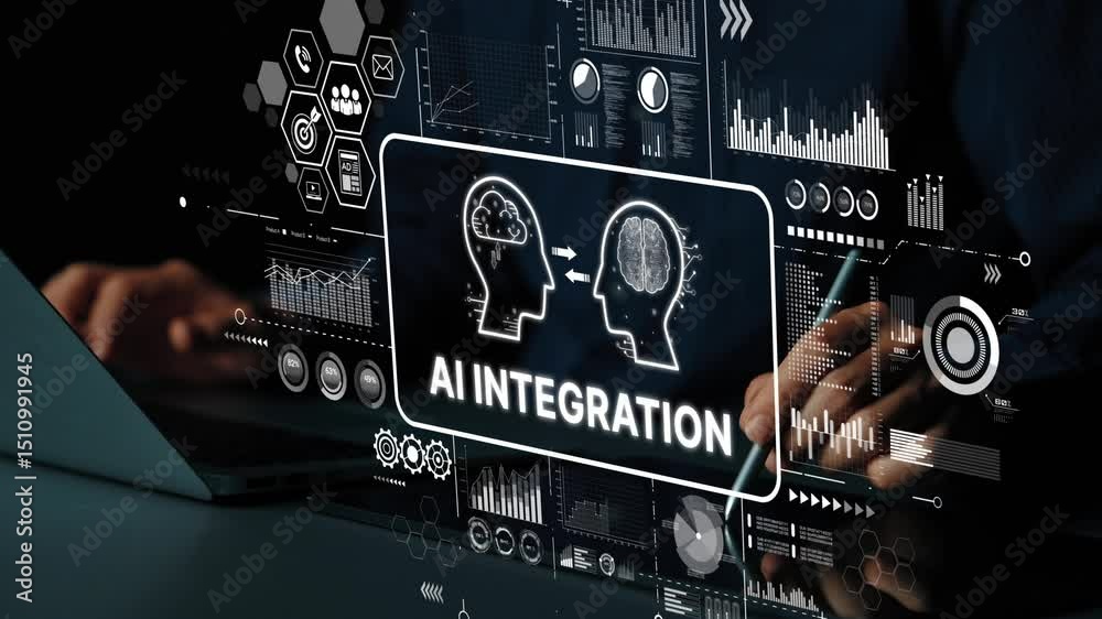 Poster conceptual representation of ai integration in technology with digital graphics and statistics displ