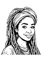 African Black Woman Coloring Page.Coloring Pages For Adults.Afro girl silhouette vector contour drawing.Beautiful female illustration.Print.Stencil cricut plotter laser cut.Poster.Wall Sticker