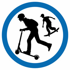 Scooter and skate zone. Kids riding scooters and skateboards energetically in a blue circle zone