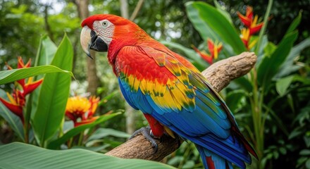 A vibrant macaw with red, yellow, and blue feathers sits on a branch among green leaves and red flowers.