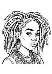 African Black Woman Coloring Page.Coloring Pages For Adults.Afro girl silhouette vector contour drawing.Beautiful female illustration.Print.Stencil cricut plotter laser cut.Poster.Wall Sticker