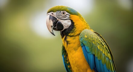Fototapeta premium Close-up of a blue-and-yellow macaw with a green head and black-and-white markings around its eyes and beak.