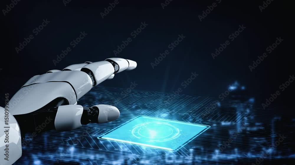 Poster futuristic robot artificial intelligence enlightening ai technology development and machine learning