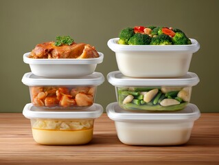 Stack of transparent food storage containers filled with various meals including chicken, vegetables, and rice, arranged neatly on a wooden surface showcasing meal prep organization