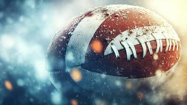 A football is shown in the air with snowflakes falling around it. Concept of excitement and anticipation for a football game