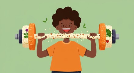 A child happily lifts a barbell made of vegetables, promoting fitness and healthy eating habits