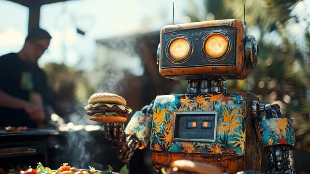 An illustration of a robot holding a hamburger and a sandwich, blending modern technology with classic fast food favorites.
