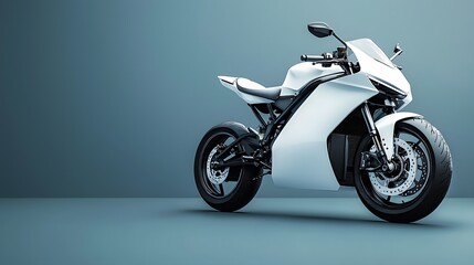 White electric motorcycle with black tires in a minimalist studio setting
