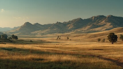 Obraz premium A field surrounded by mountains, featuring a dirt road and lush greenery