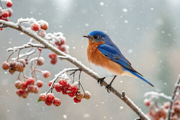 A vibrant male eastern bluebird perches on a snow-covered branch laden with red berries during a winter snowfall
