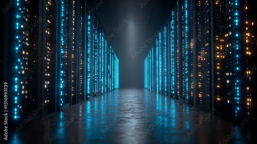 Aufkleber A working data center is shown with a corridor view filled with rack servers and supercomputers featuring a high internet visualisation projection
