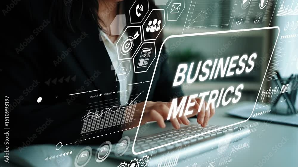 Poster business metrics visualization with hands on keyboard and technology interface in a modern office en