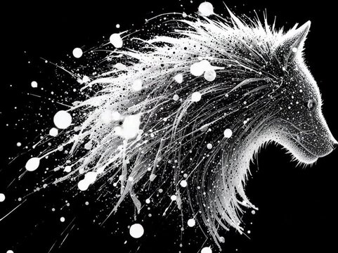 White Wolf Silhouette in Particle Explosion Against Black Background. 4k video 