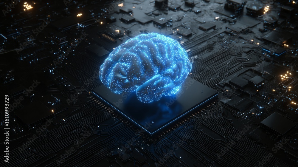 Poster the concept of stock hardware is represented in a 3d rendering, showcasing a glowing blue brain circ