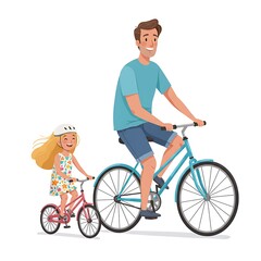 Obraz premium Father and daughter riding bicycles isolated on white background