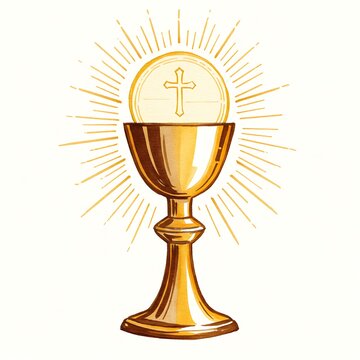 Golden chalice with host isolated on white background